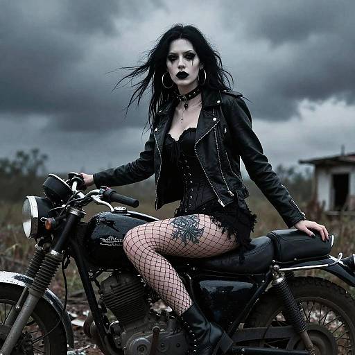 Gothic woman with black hair, dark makeup, fishnet stockings, leather jacket, and black shorts, sitting on a motorcycle under a stormy