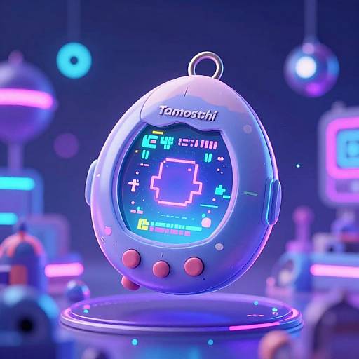 Photograph of a glowing, futuristic Tamosthii wristwatch with a pixelated blue screen, neon lights, and pink buttons, set against a