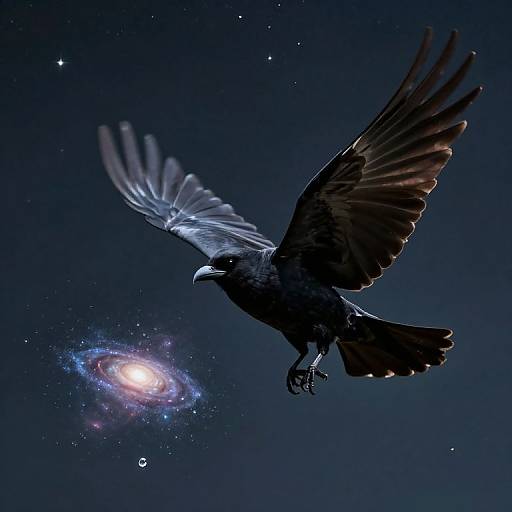 Silhouetted black crow with outstretched wings flies through a starry night sky, approaching a glowing, colorful spiral galaxy. Digital artwork.