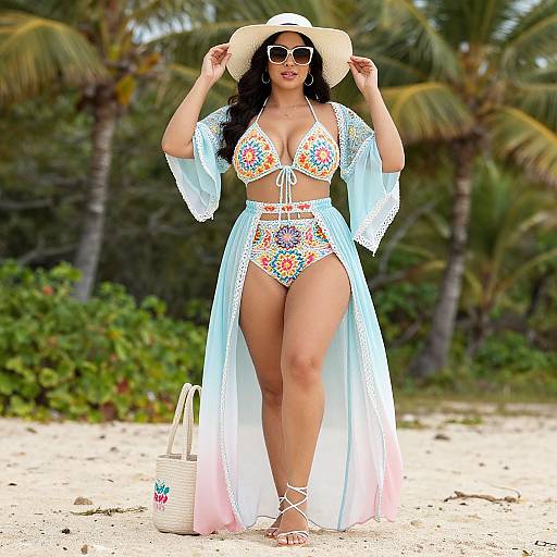 Photograph of a curvy woman with long black hair, wearing a white sunhat, sunglasses, floral bikini, and light blue sheer robe, standing