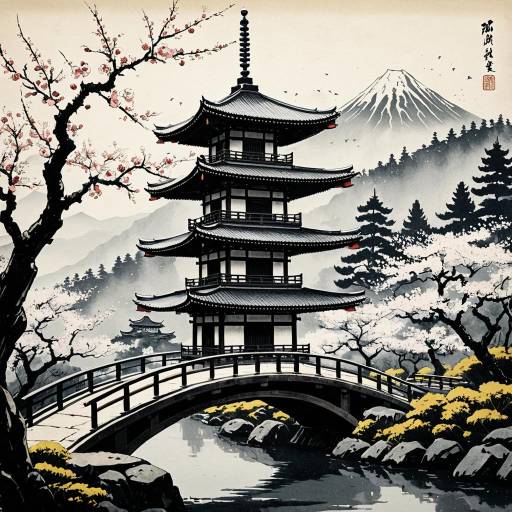 Ukiyo-e Pagoda in Misty Valley