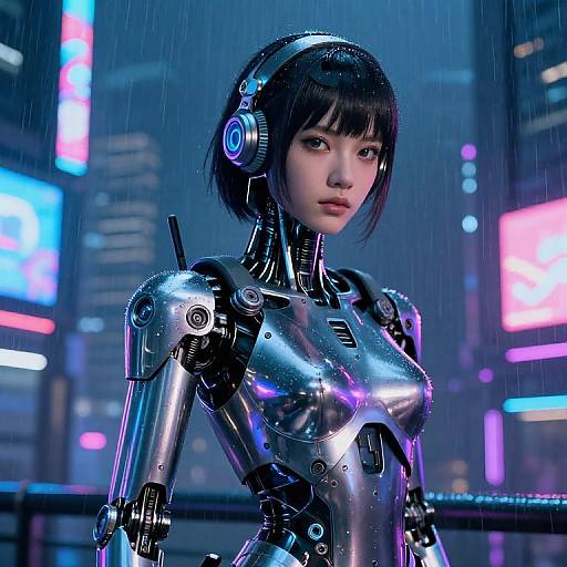 Cyberpunk-style digital artwork of a young Asian woman with short black hair, wearing a metallic, robotic bodysuit and blue headphones, standing in