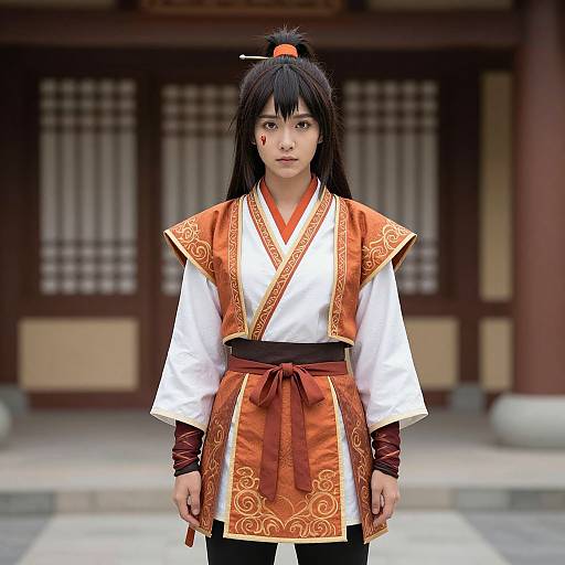Photograph of an Asian woman in traditional Japanese attire, white kimono with orange embroidered details, black hair in a high ponytail, standing in front