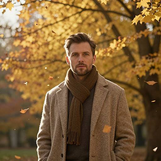 Photograph of a handsome, bearded man with short brown hair, wearing a brown wool coat and scarf, standing in a sunlit autumn park with
