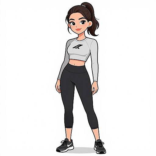 Digital anime-style drawing of a young woman with fair skin, black hair in a ponytail, wearing a white long-sleeve crop top, black