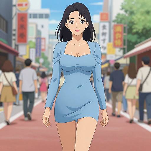 Anime-style digital drawing of a curvy woman with black hair in a tight blue dress, walking down a busy urban street. Background includes blurred pedestrians and