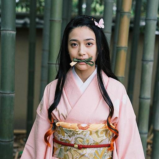 Photograph of an Asian woman with long black hair, wearing a pink kimono and gold-patterned obi, holding bamboo in her mouth, standing