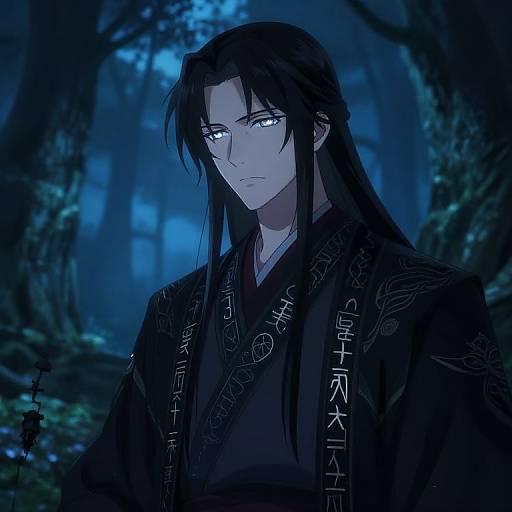 Anime-style digital artwork of a handsome man with long black hair, glowing blue eyes, wearing a black kimono with intricate patterns, standing in a blue