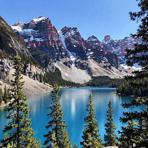Mountain Landscape with Blue Lake and Pine Trees