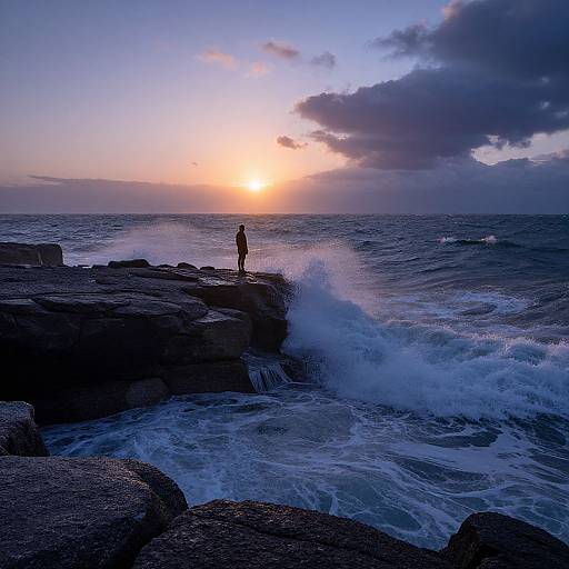Photograph of a lone person standing on rocky coastline at sunset, waves crashing, silhouetted against a colorful sky with clouds.