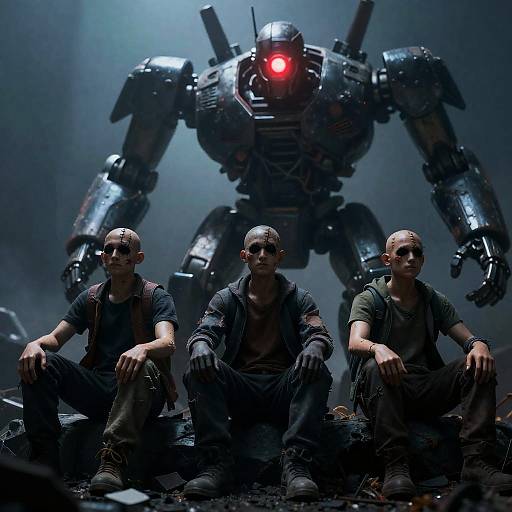 Dark CGI Scene: Humanoids vs. Menacing Robot