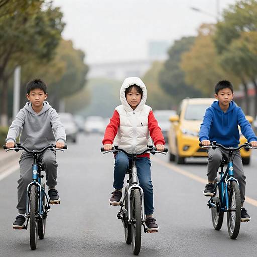 Three Children Biking on a Street