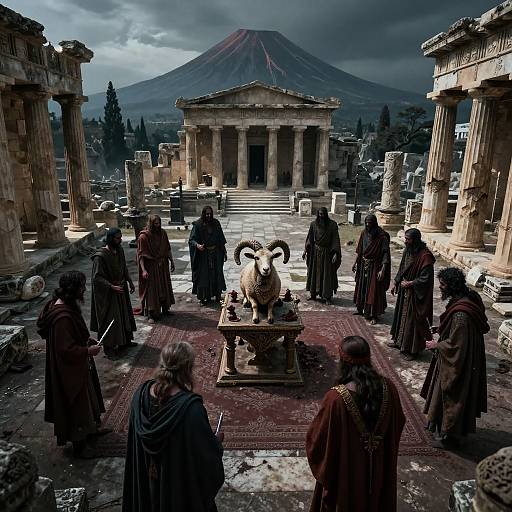 Photograph of ancient Greek temple with a group of robed figures surrounding a ram statue, set against a cloudy sky and mountain backdrop.