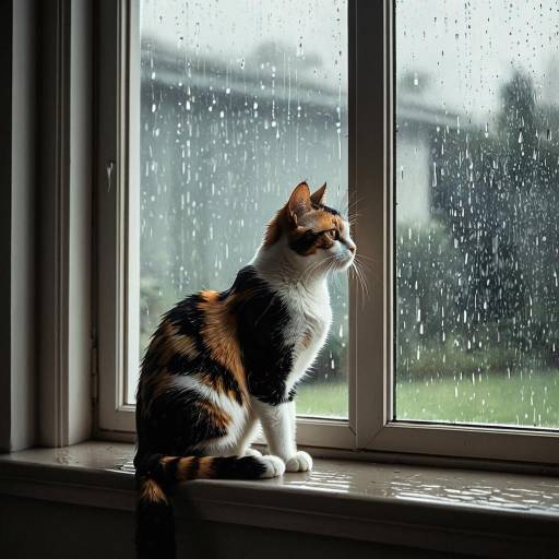 Calico Cat Sitting on Window Ledge in Rain