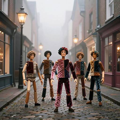 Marionette Troupe in Foggy Cobblestone Alley