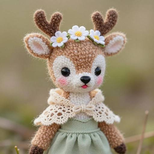 Photograph of a cute, hand-crocheted deer doll with brown and white fur, white flower crown, lace collar, green dress, and