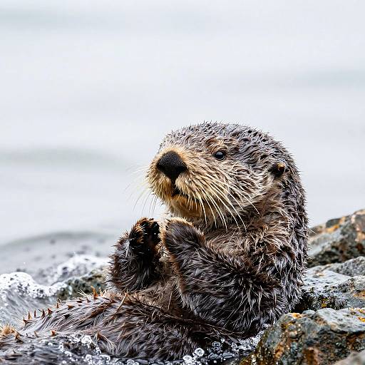 Photograph of a wet, dark brown otter with whiskers, sitting on rocky shore, paws raised, white background, water splashes around