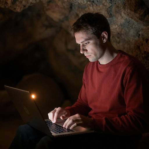 Man Focused on Laptop in Cave