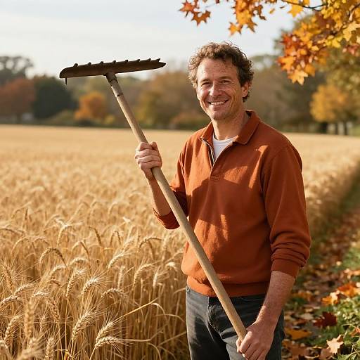 Photograph of a smiling middle-aged man with curly brown hair, wearing an orange sweater and holding a sickle in a golden wheat field during autumn.
