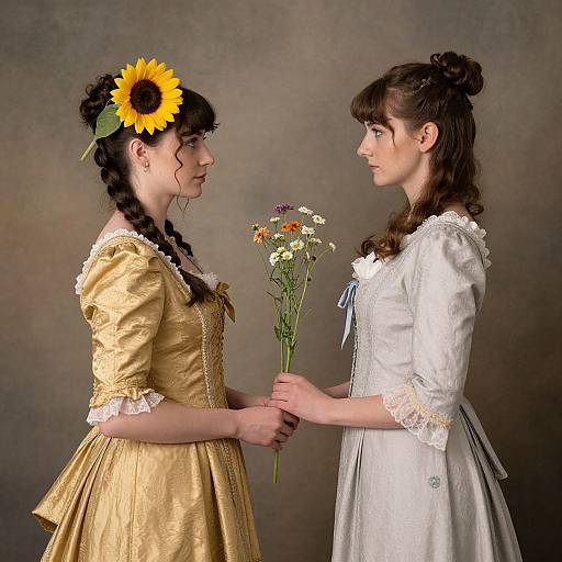 Photograph of two young women facing each other, one in a gold dress with a sunflower in her braid, holding flowers, the other in