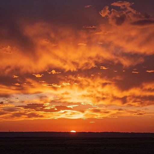 Vibrant sunset photograph with a fiery orange and red sky, scattered clouds, and a dark, silhouetted horizon.