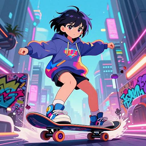 Digital anime-style artwork of a determined young boy with black hair, wearing a blue hoodie and black shorts, skateboarding through a neon-lit, graffiti