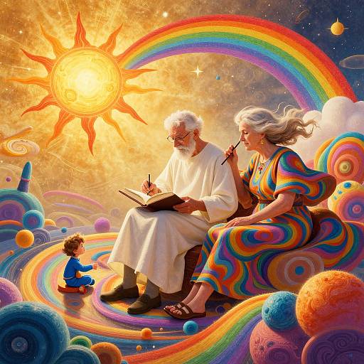 Digital art: Elderly couple with white hair, wearing white and colorful swirl-patterned clothes, reading together under a radiant sun and rainbow, with a