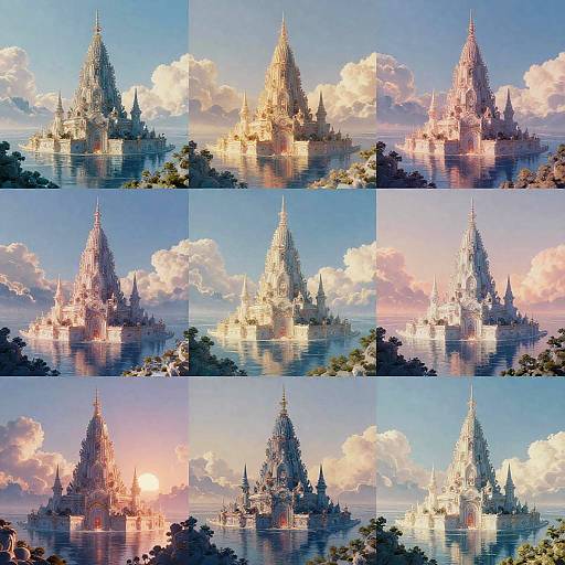 Digital artwork of a majestic, pixelated Gothic castle with spires reflected in a serene lake, shown in nine varying sunset and sunrise scenes, with vibrant