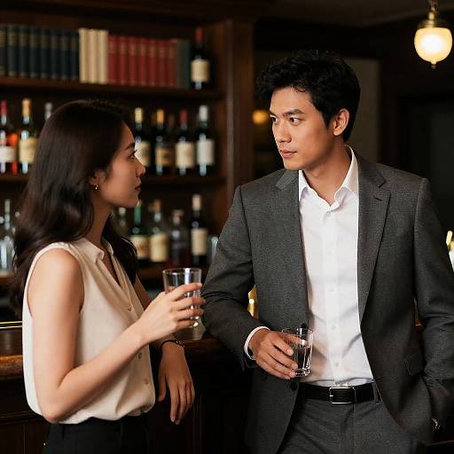 Engaged Couple in Dimly Lit Bar