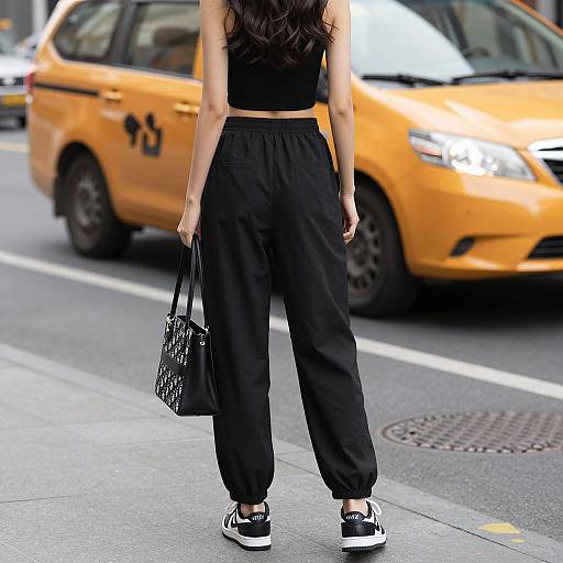 Woman in Black Crop Top with Yellow Taxi Background