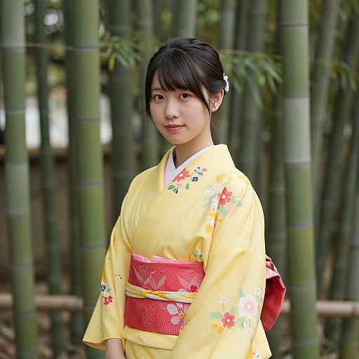 Photograph of an Asian woman with black hair in a yellow floral kimono, red obi, standing among bamboo stalks outdoors.