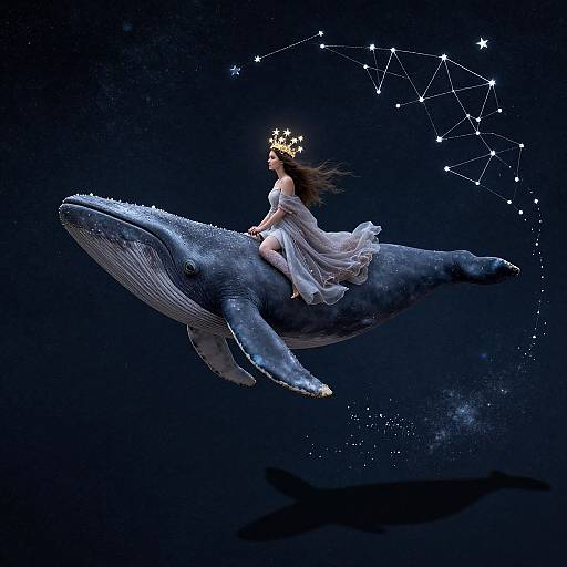 Digital artwork of a woman in a flowing white dress, holding a starburst, riding a giant whale through a dark blue starry ocean, with a