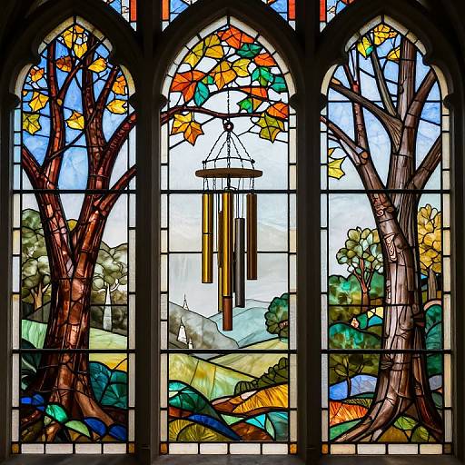 Stunning stained glass window featuring colorful autumn trees, a hanging lantern, and rolling hills with vibrant blue sky and greenery.