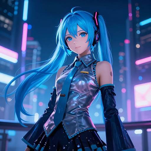 Digital artwork of Hatsune Miku with vibrant blue hair and neon-lit cityscape background. She wears a glossy black sleeveless top, necktie