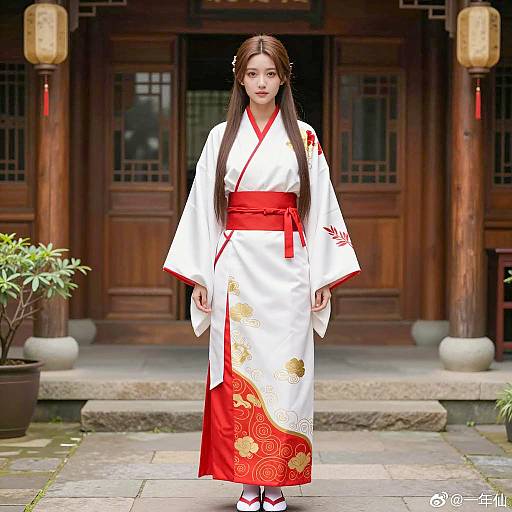 Asian Woman in Traditional White and Red Chinese Dress