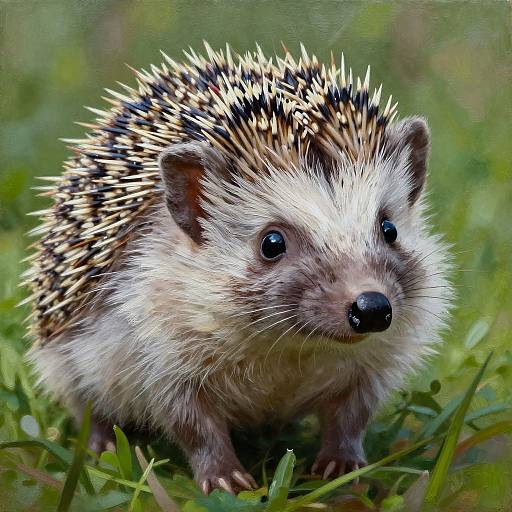 Photograph of a cute hedgehog with spiky quills, black and white face, and small, dark eyes, standing on lush green grass.