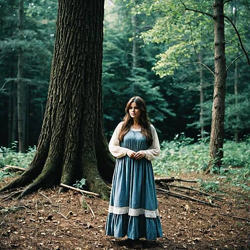 Woman in Blue Dress Standing in Forest
