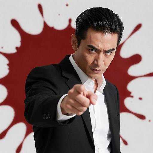 Determined Man in Black Suit with Blood Splatter
