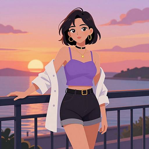 Anime Woman at Sunset Waterfront