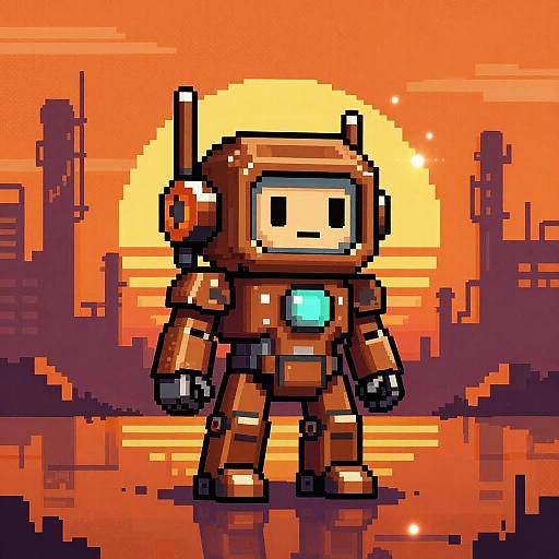 Pixel art of a smiling, brown robot with a blue chest plate standing against a vibrant orange sunset cityscape.