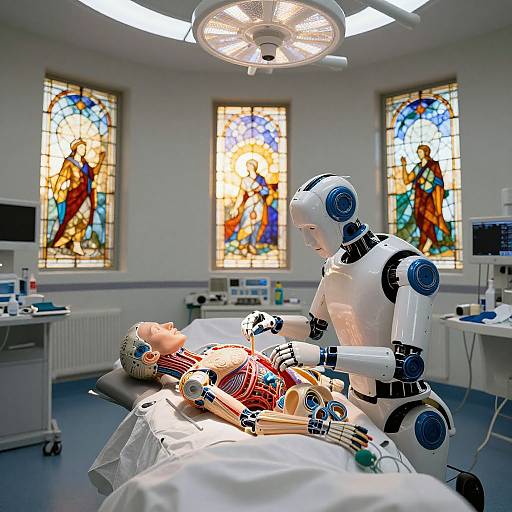Photograph of a futuristic medical room featuring two humanoid robots, one attending to a human patient on a bed, with colorful stained glass windows in the background