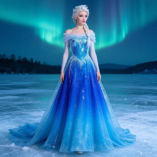 Photograph of a blonde woman in an off-shoulder, blue, ice-queen gown with sparkling fabric, standing on a frozen lake under a