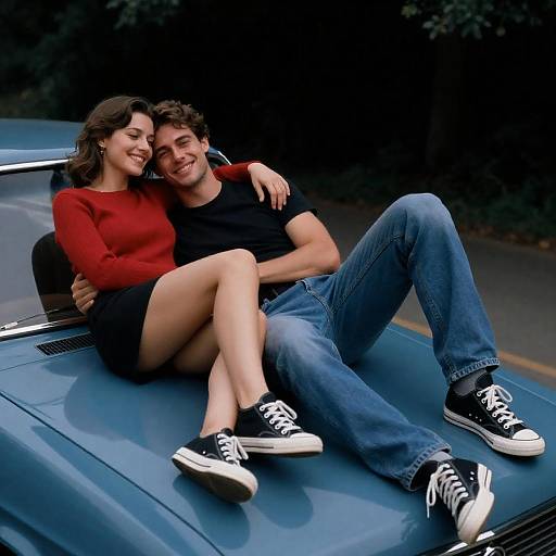 Couple Embracing on Classic Car