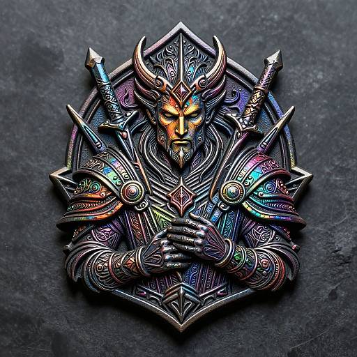 Digital artwork of a fierce, armored, horned warrior with glowing orange eyes, intricate metallic armor, and rainbow iridescent highlights, set against a