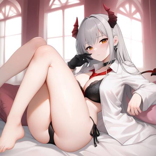 Anime Demon Girl Reclining on Bed