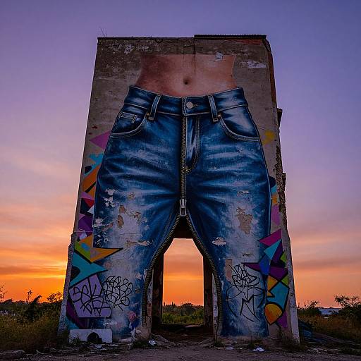 Photograph of a graffiti-covered, weathered concrete structure shaped like denim jeans against a vibrant orange and purple sunset sky.
