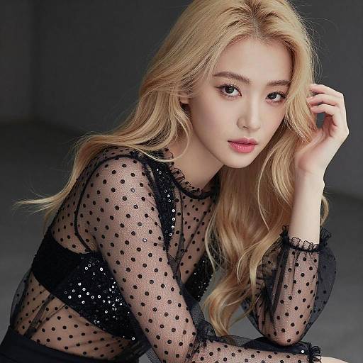 Photograph of an Asian woman with long blonde hair, wearing a sheer black polka-dot top, looking directly at the camera with a subtle smile.
