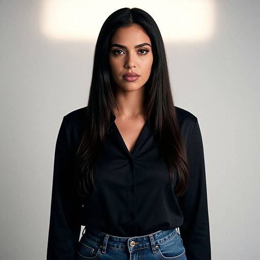 Photograph of a young woman with long, straight black hair, wearing a black blouse and blue jeans, standing against a bright white background. She has