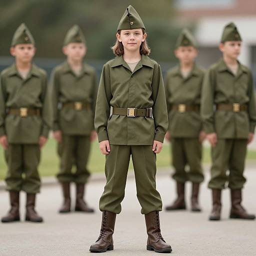 Photograph of a young girl in a green military-style uniform with a cap, standing in front of four blurred children in similar outfits, on a paved