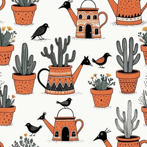 Scandinavian Cartoon Cactus and Watering Can Houses Pattern